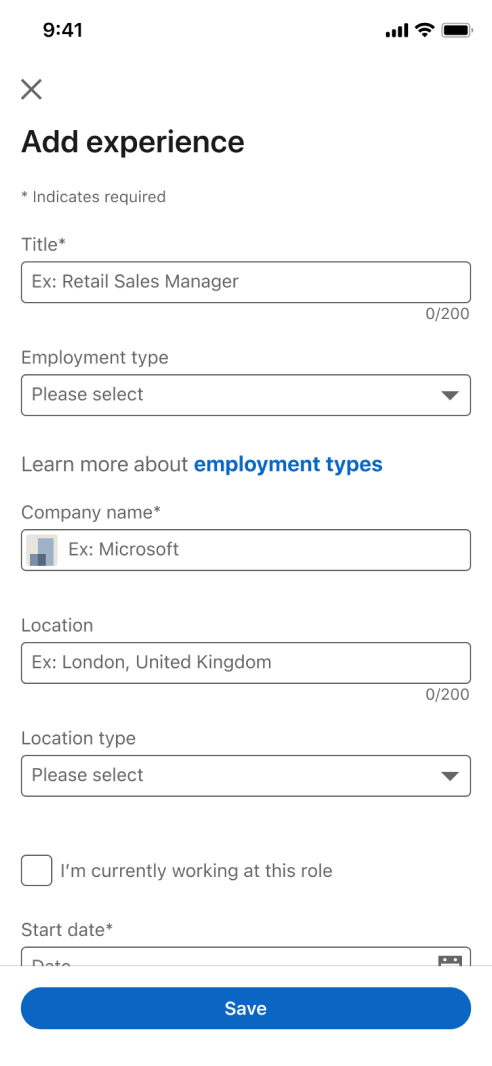 Before: form-based Add experience profile editing screen