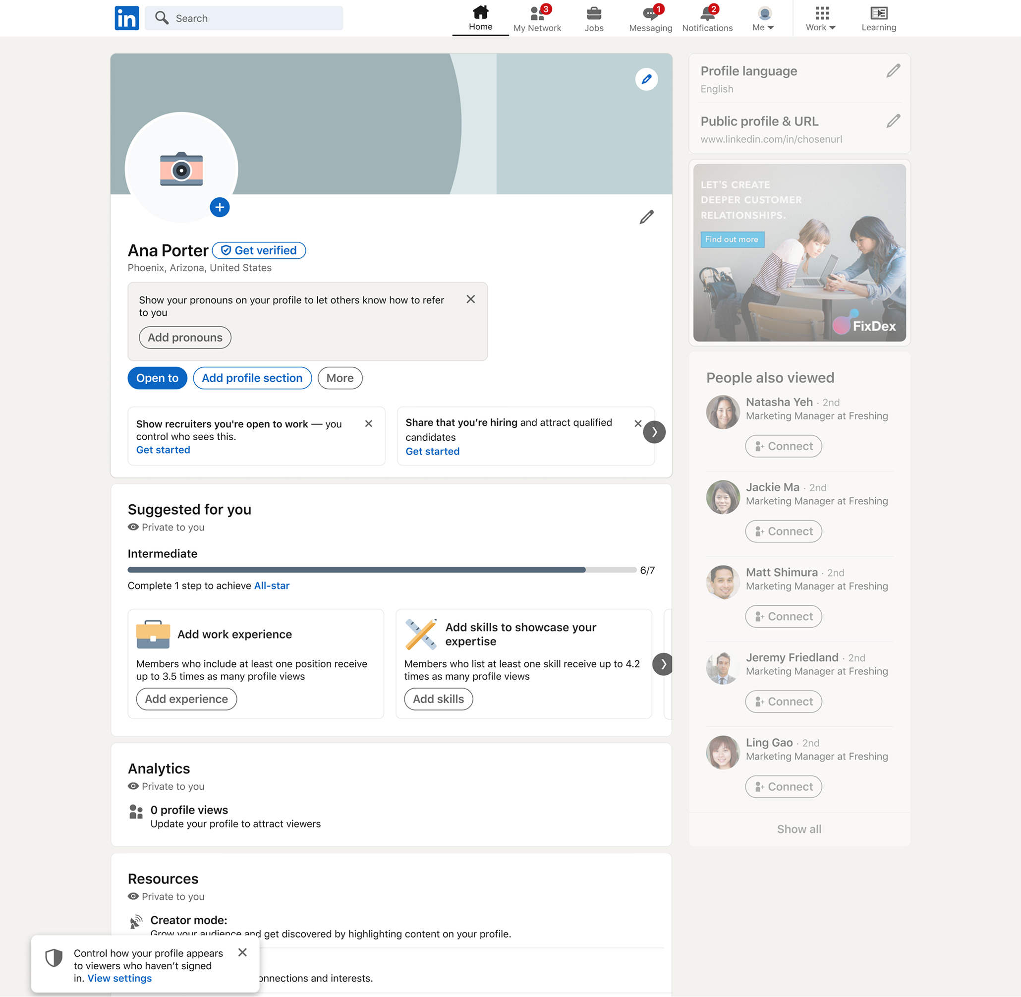 Before: cluttered empty LinkedIn profile with competing prompts